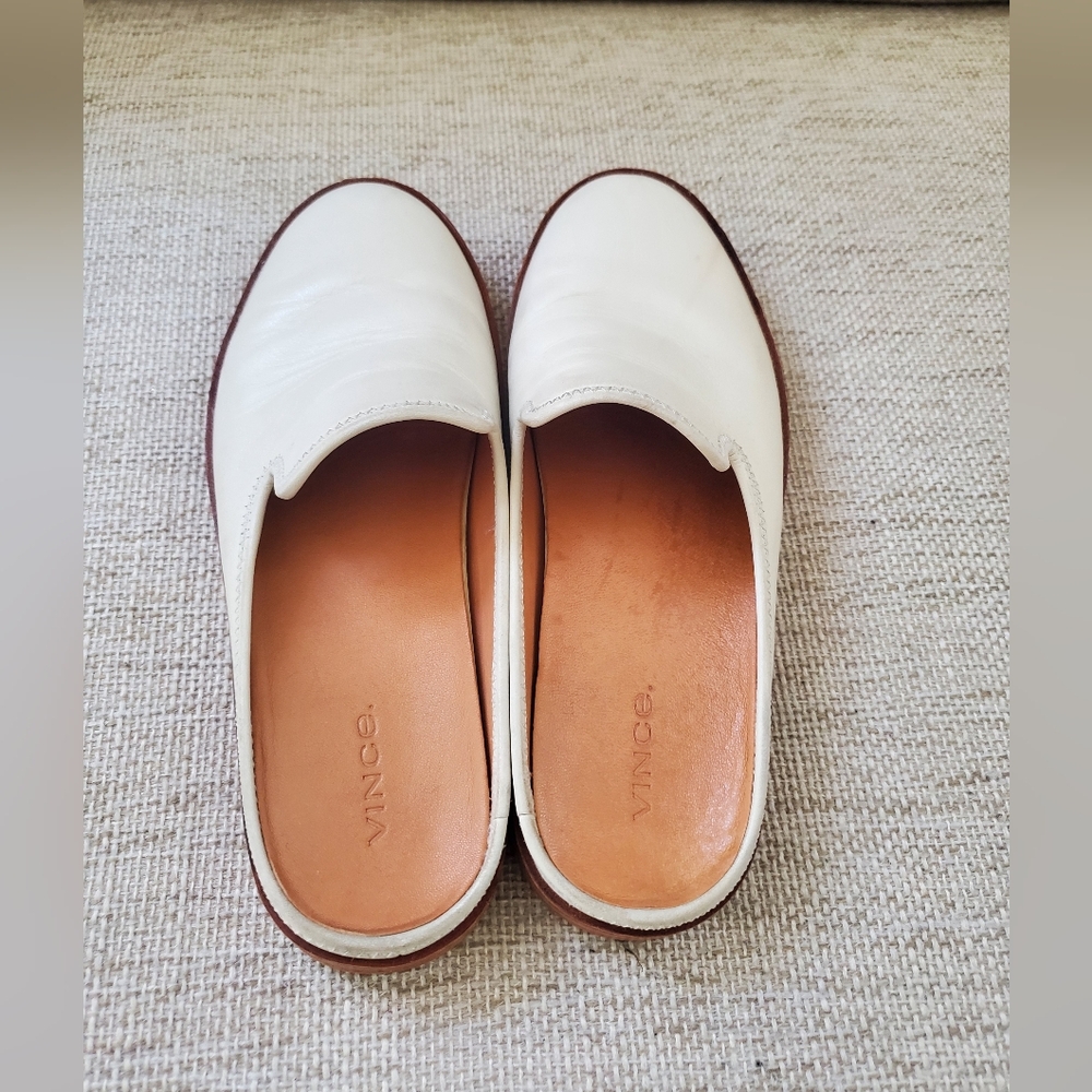 Vince White and Tan Leather-Trim Slip-On Mules - Picture 11 of 16